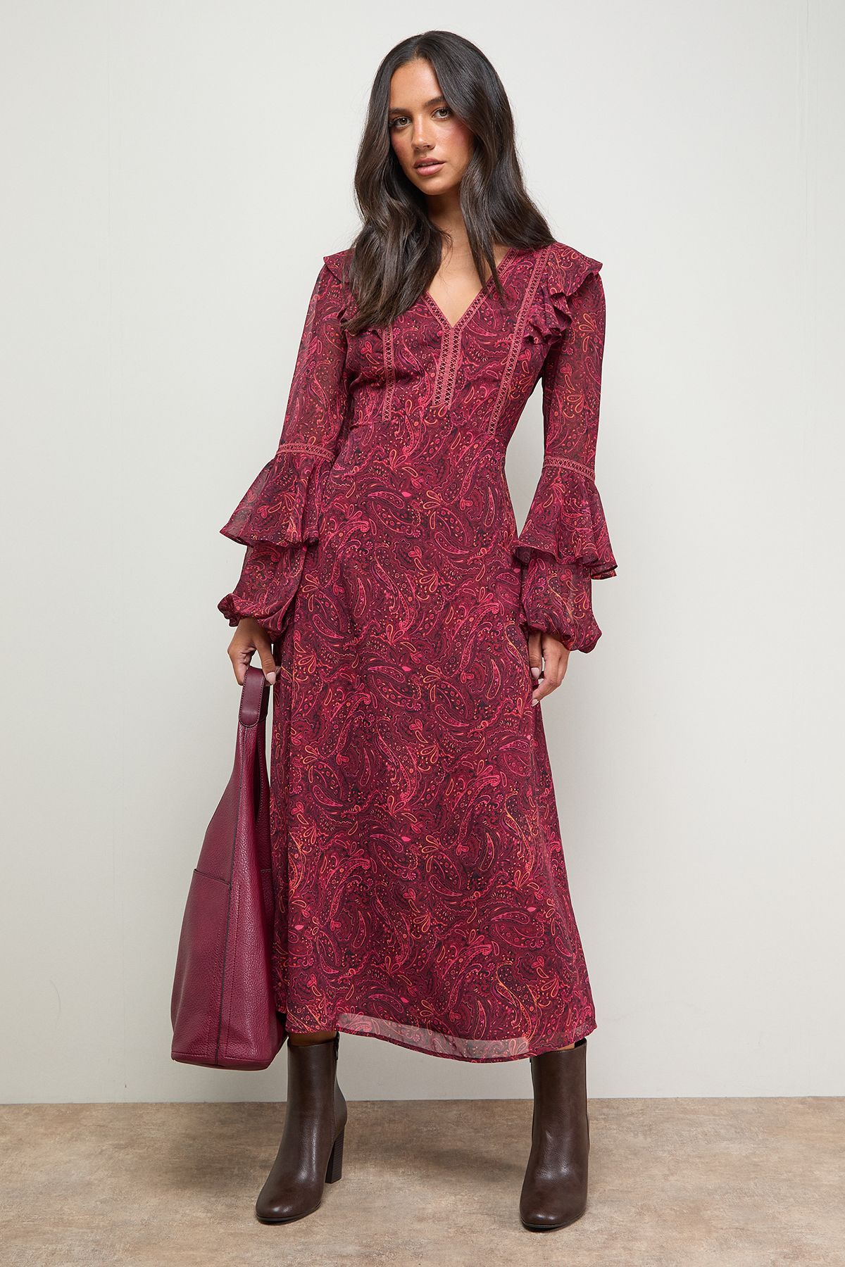 Oasis Louisa Faux Leather Round Toe Stacked High Heel Ankle Boots Brown image 2