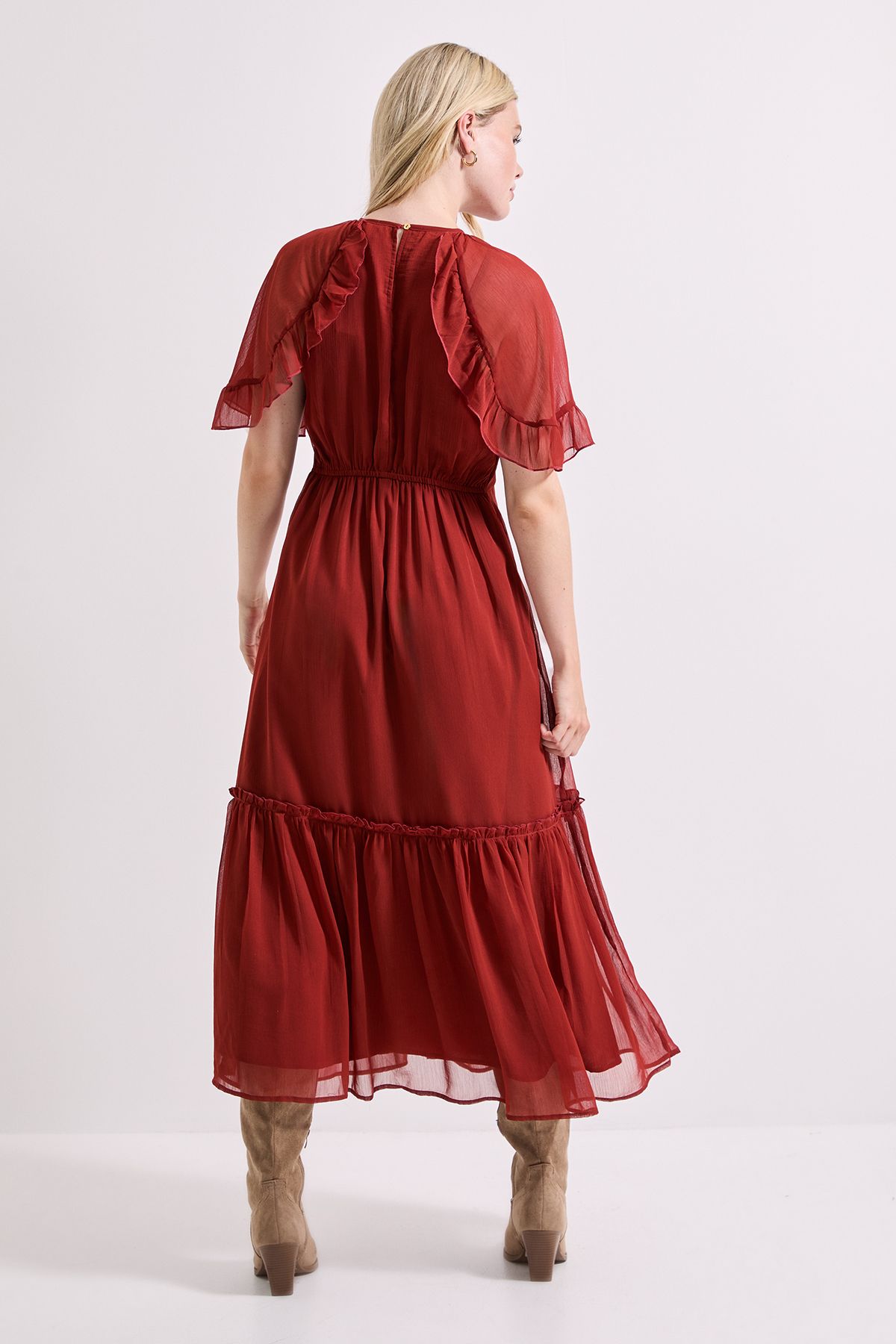 Dorothy Perkins Frill Cape Sleeve Tiered Chiffon Midi Dress Brown image 3