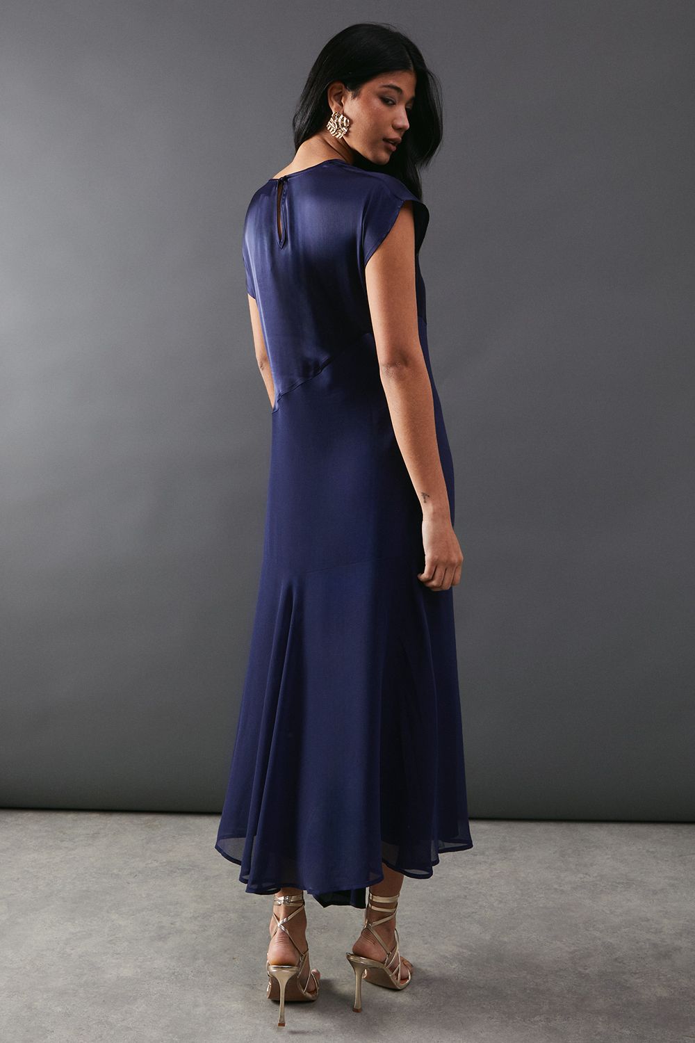 Warehouse Satin Georgette Panelling Asymmetric Hem Midi Dress Navy image 3