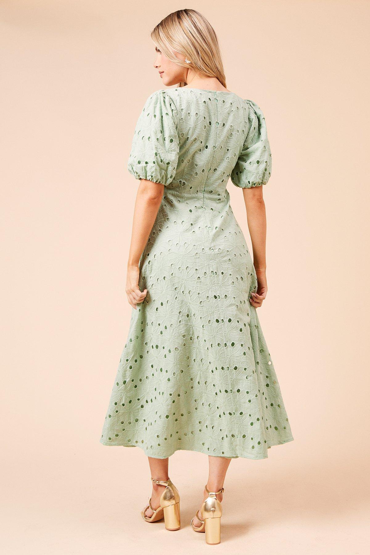 Dorothy Perkins DP Luxe Lace Puff Sleeve Midi Dress Sage image 3