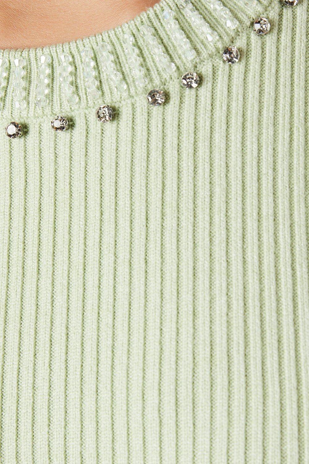 Oasis Embellished Neck Ribbed Puff Sleeve Knitted Top Sage image 5