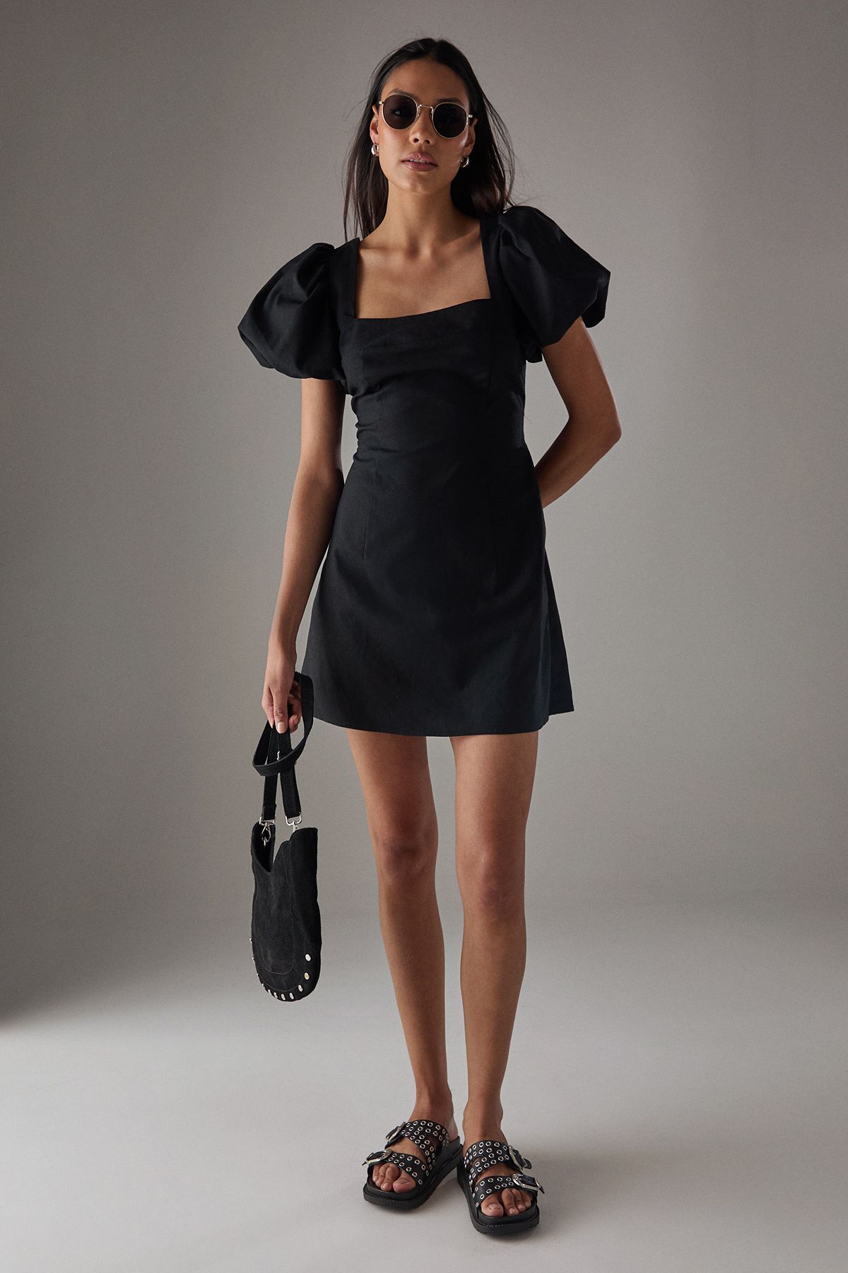 Warehouse HCD Linen Square Neck Puff Sleeve Mini Dress Black image 2