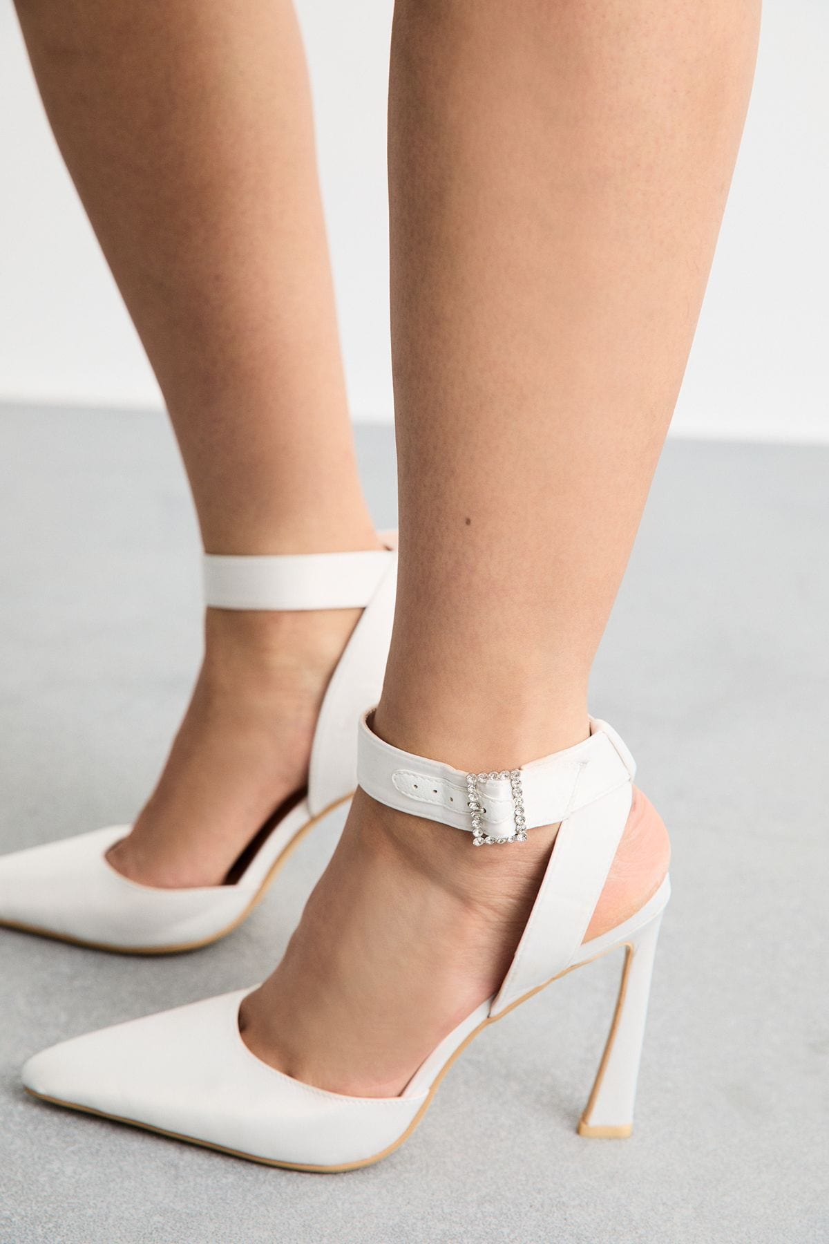 MissPap Satin Embellished Buckle High Flared Stiletto Court Shoes White image 4