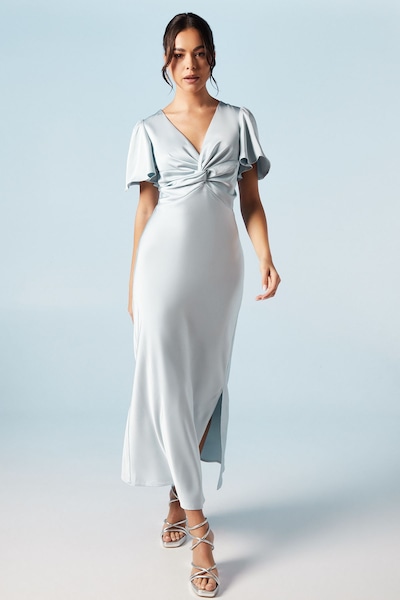 Oasis Satin Twist Front Angel Sleeve Midi Bridesmaid Dress Light Blue