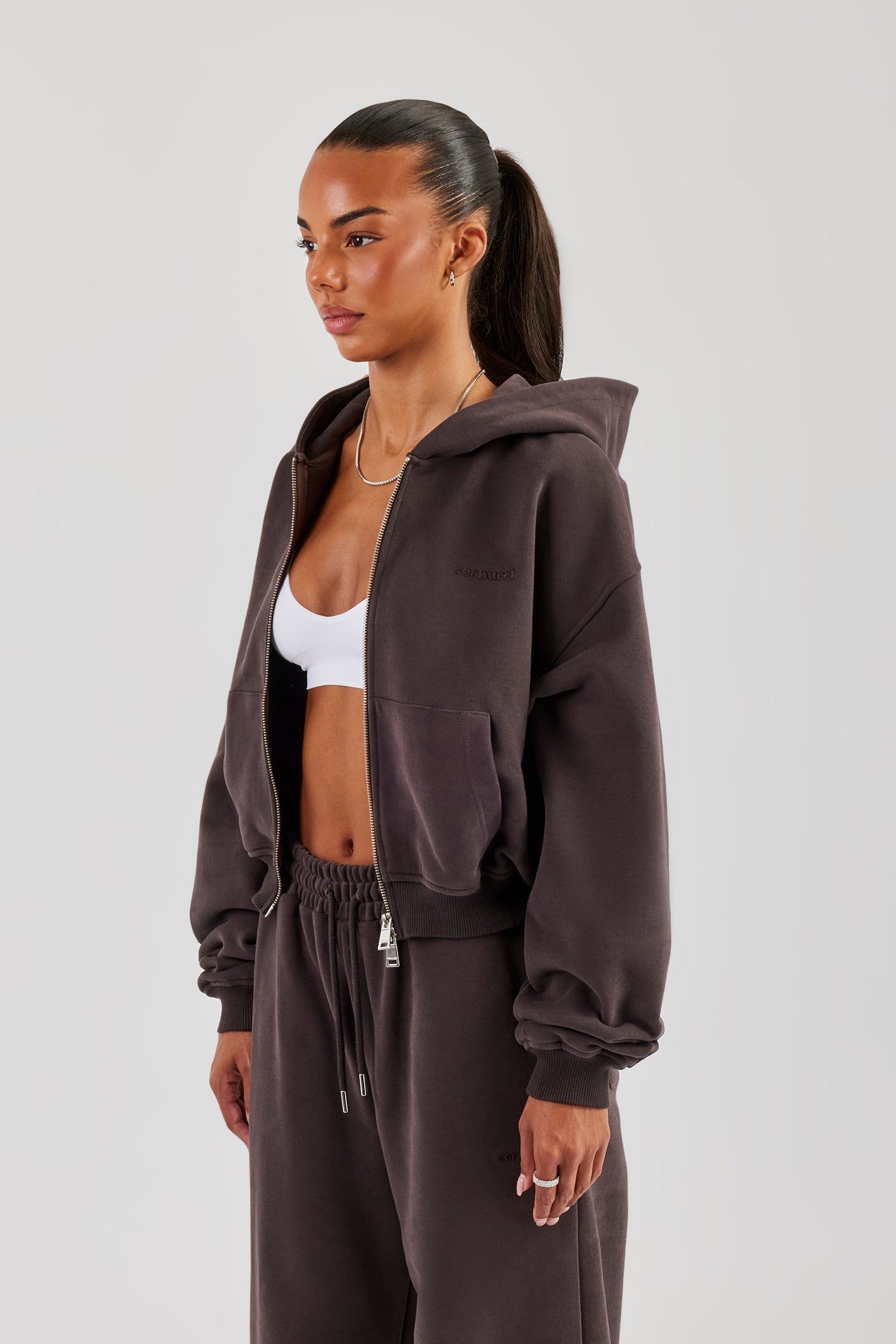 Cernucci Cropped Zip Through Hoodie - Coffee image 3