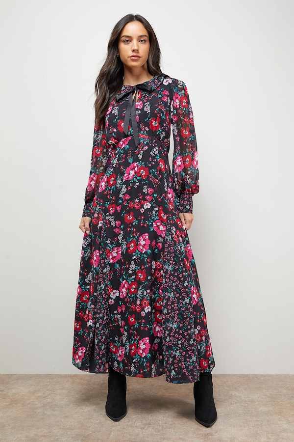 Oasis Statement Collar Long Sleeve Maxi Dress Floral