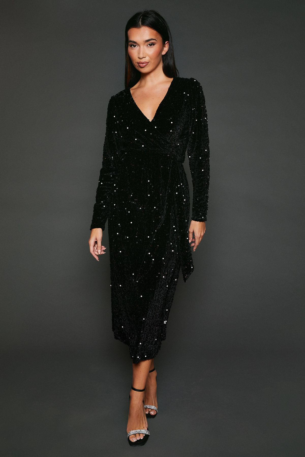 Dorothy Perkins Velvet Sequin Wrap Midi Dress Black image 1