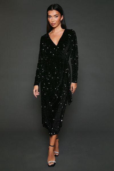 Dorothy Perkins Velvet Sequin Wrap Midi Dress Black