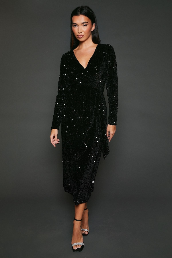 Dorothy Perkins Velvet Sequin Wrap Midi Dress Black