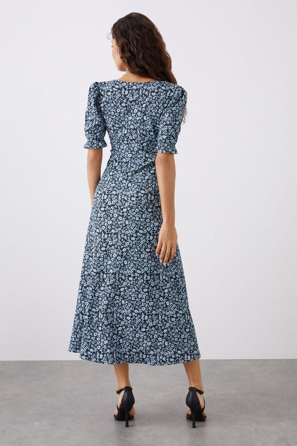 Dorothy Perkins Petite Blue Floral V Neck Jersey Midi Dress Blue image 3