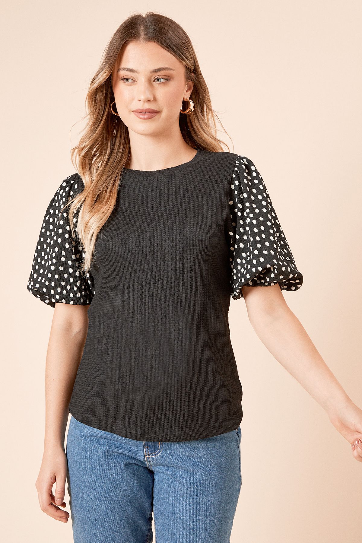 Dorothy Perkins Mono Spot Printed Puff Sleeve Top Mono image 2