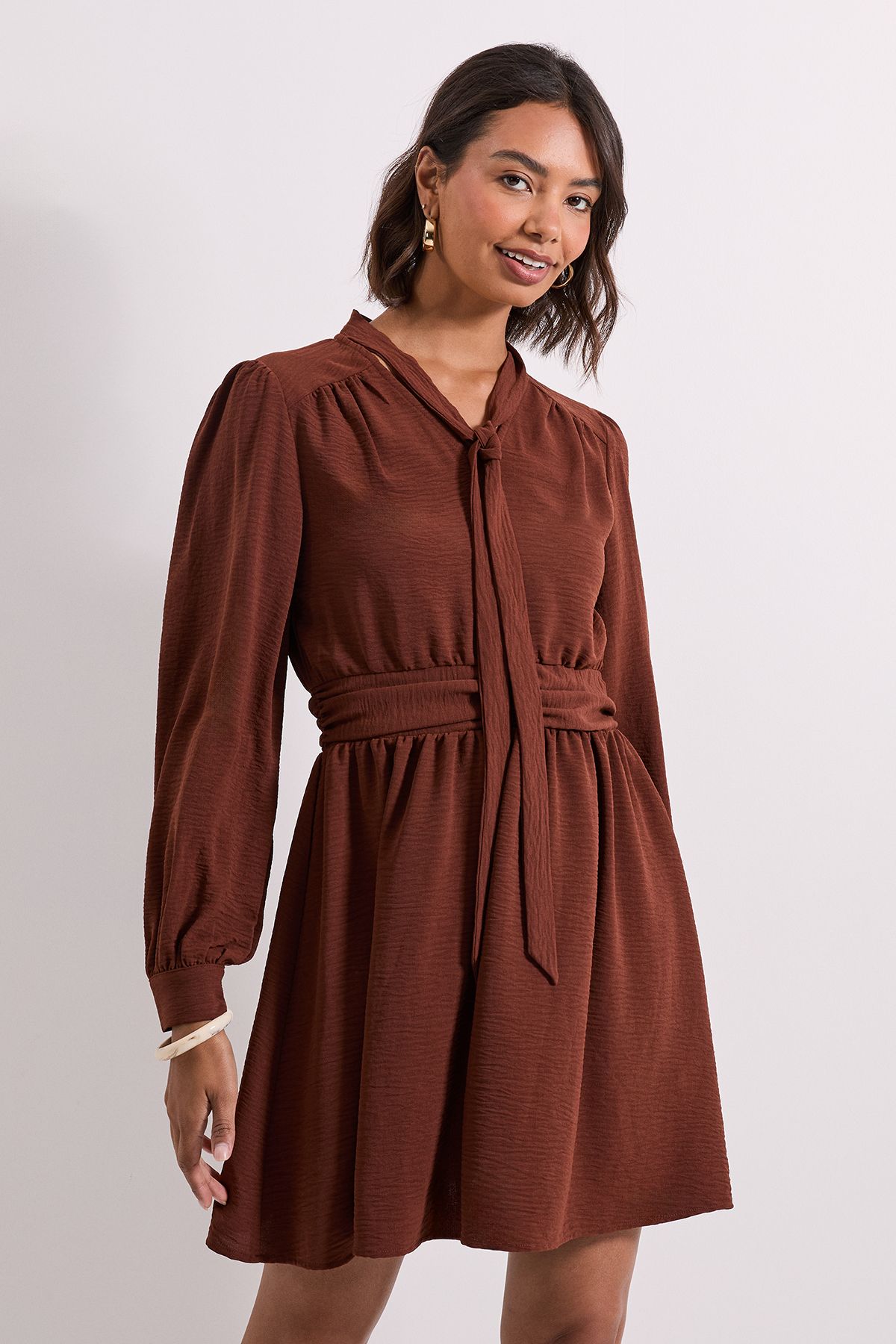 Dorothy Perkins Tie Neck Fit And Flare Mini Dress Chocolate image 1