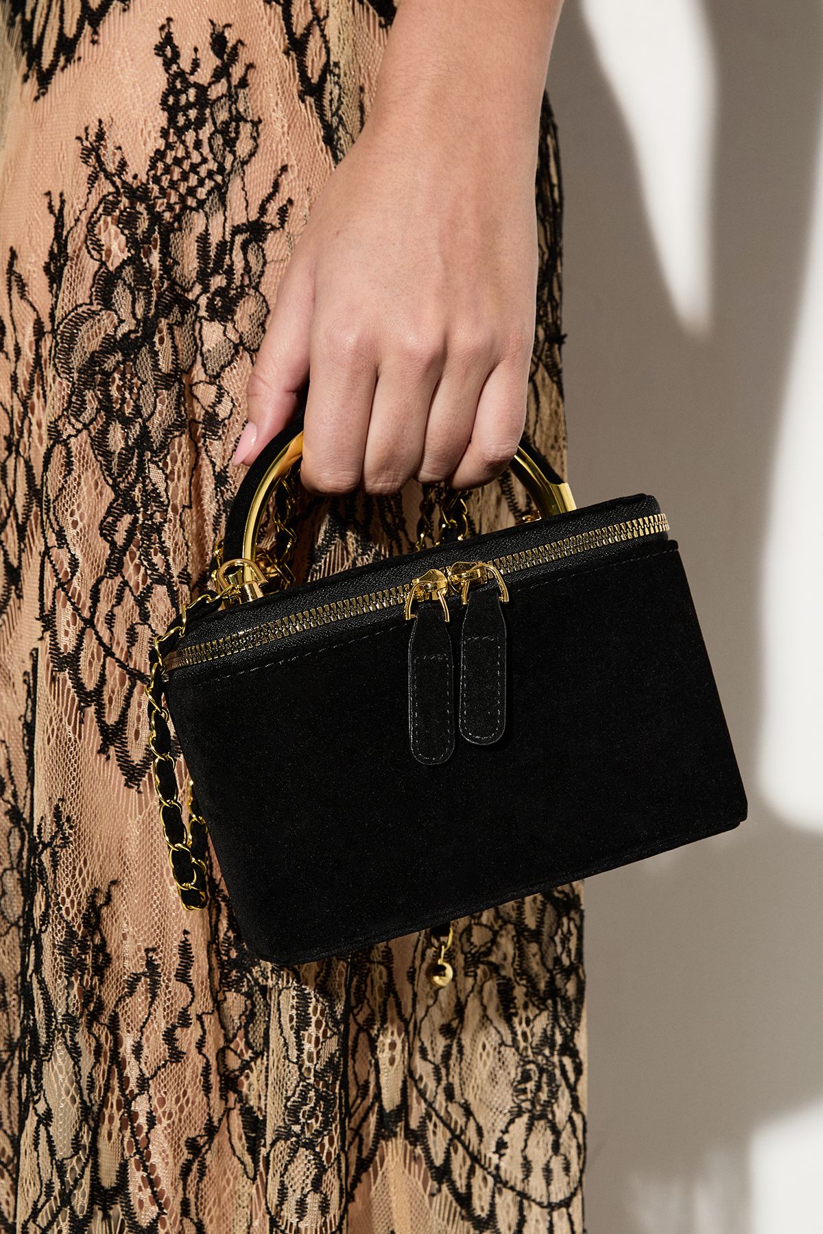 MissPap Faux Suede Grab Bag With Crossbody Chain Strap Black image 2