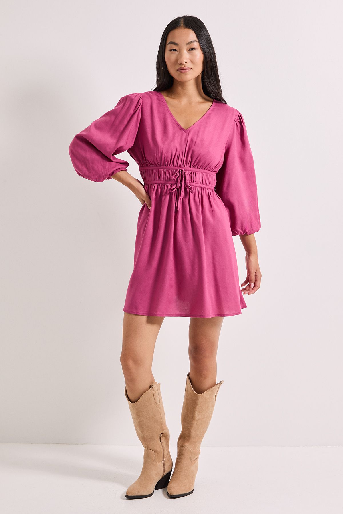Dorothy Perkins Petite Tie Detail Blouson Sleeve Mini Dress Rose image 2