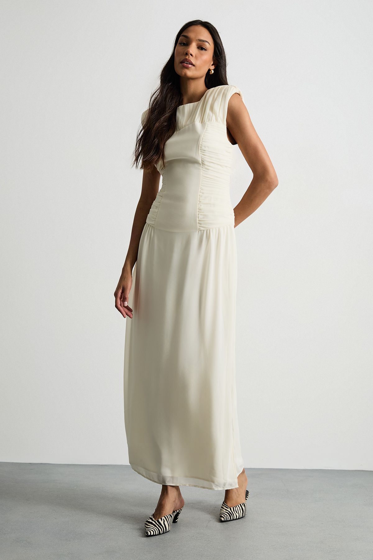 Warehouse Ruched Waist Sleeveless Shoulder Pad Detail Maxi Dress Ivory image 1