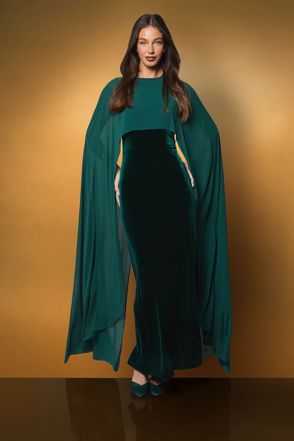 Coast Velvet Cape Dress Emerald