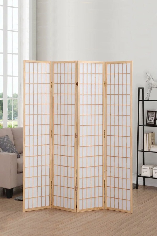 Living and Home 4-Panel Natural Solid Wood Folding Room Divider Screen