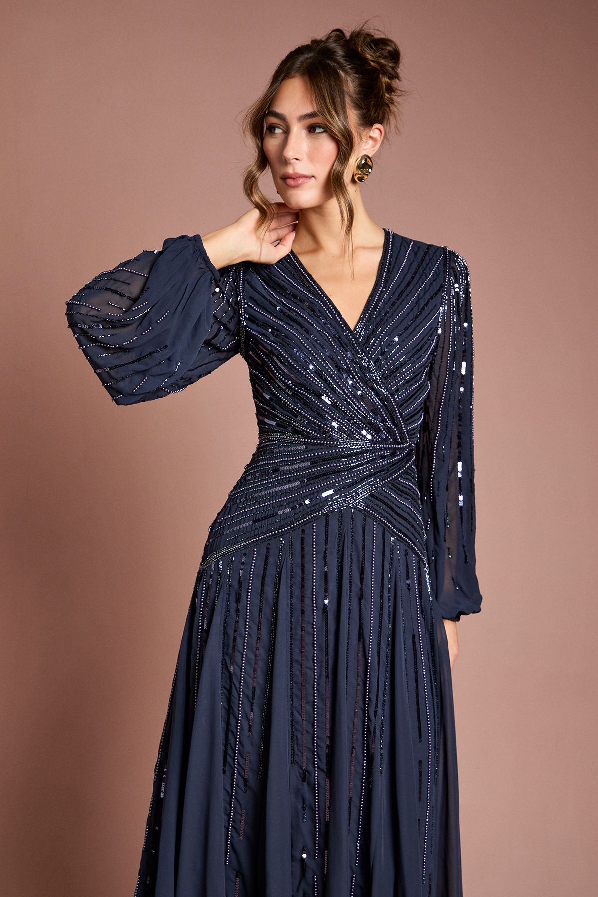 Coast Long Sleeve Linear Embellished Maxi Dress Navy image 2