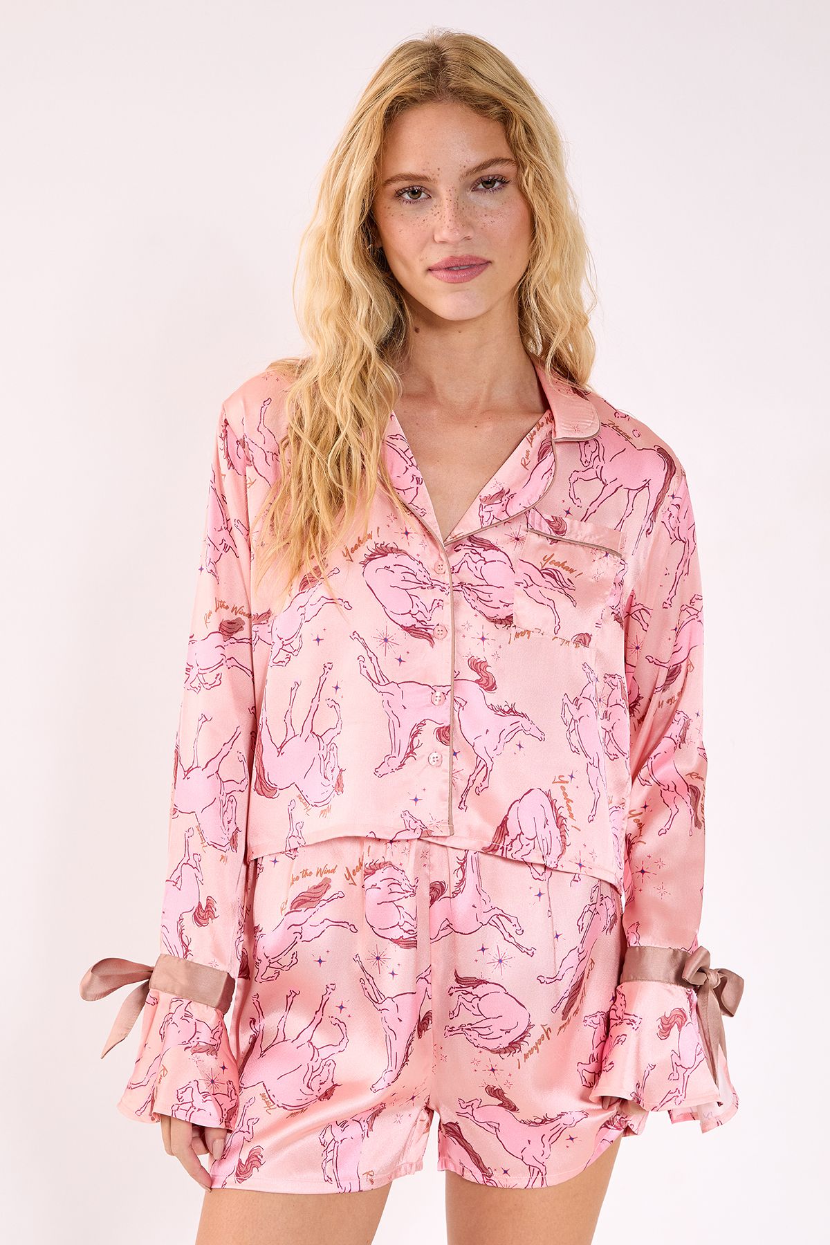 NastyGal Horse Western Print Tie Cuff Ruffle Pajama Shorts Set Beige