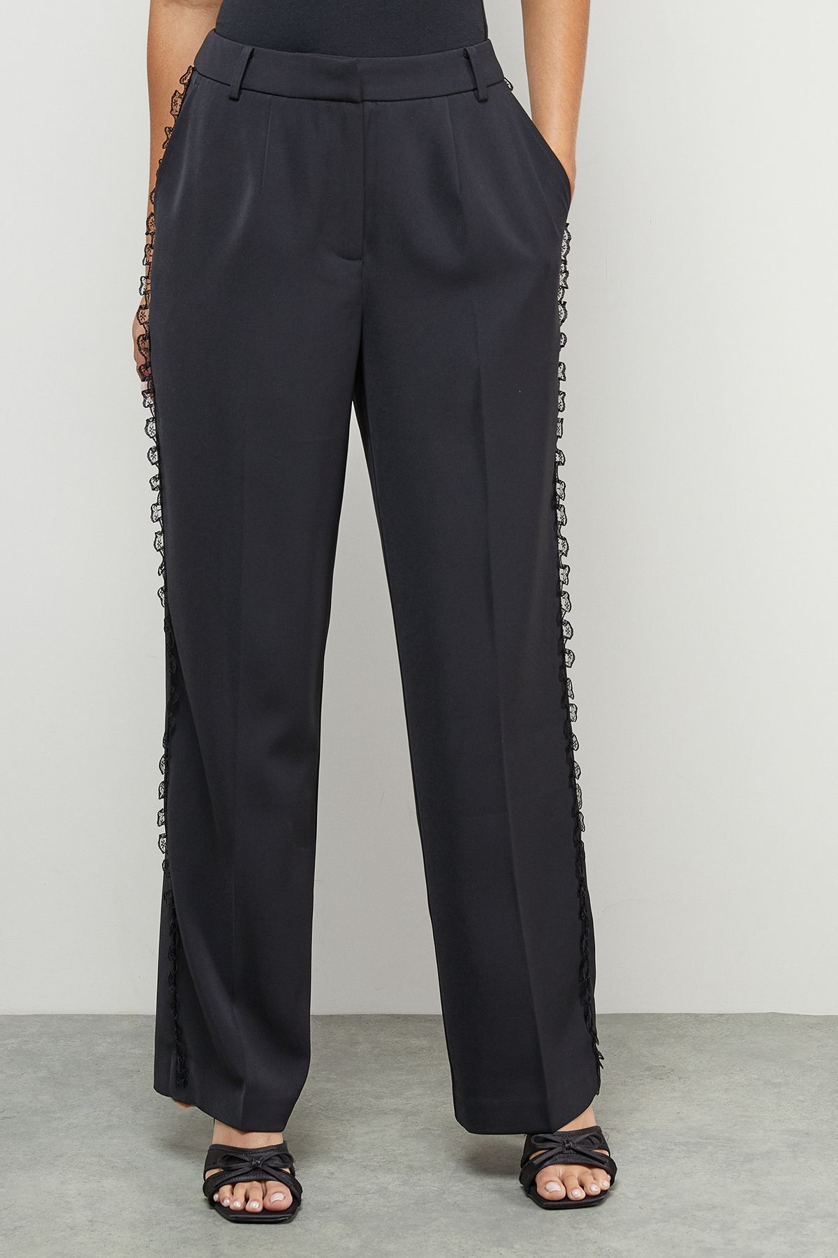 Warehouse Lace Frill Trim Wide Leg Trouser Black image 1
