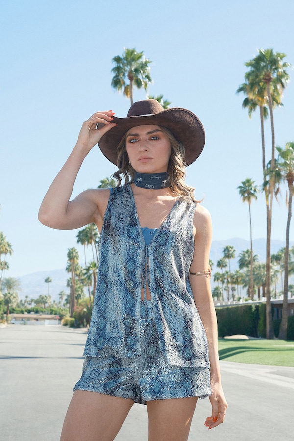 Warehouse Snake Sequin Tie Front Long Line Waistcoat Khaki