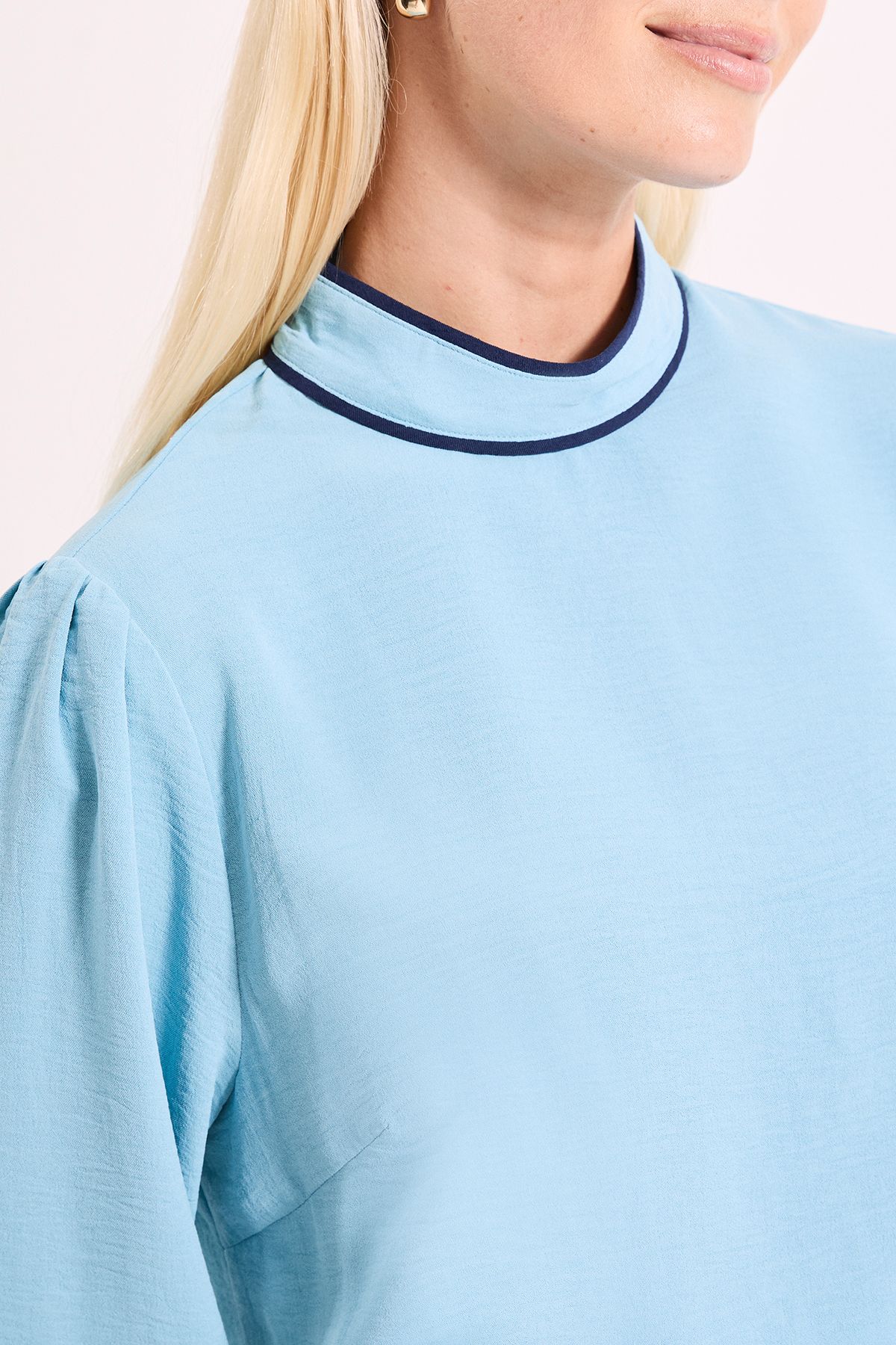 Principles Blue Piping Detail High Neck Blouson Sleeve Blouse Blue image 2