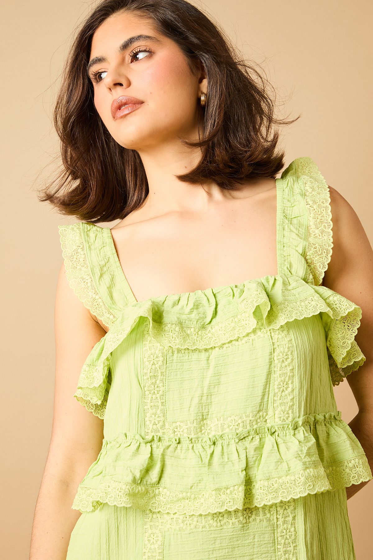 Oasis Broderie Tiered Detail Strappy Mini Dress Sage image 2