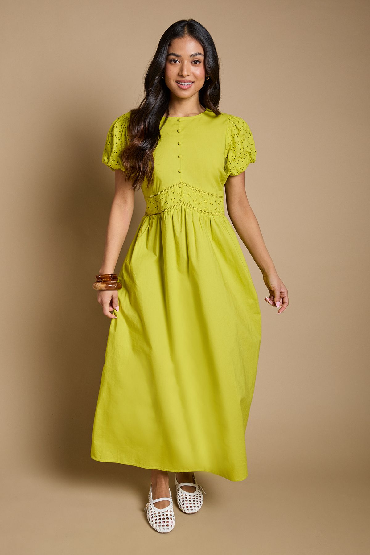 Dorothy Perkins Petite Button Front Puff Sleeve Broderie Midi Dress Green