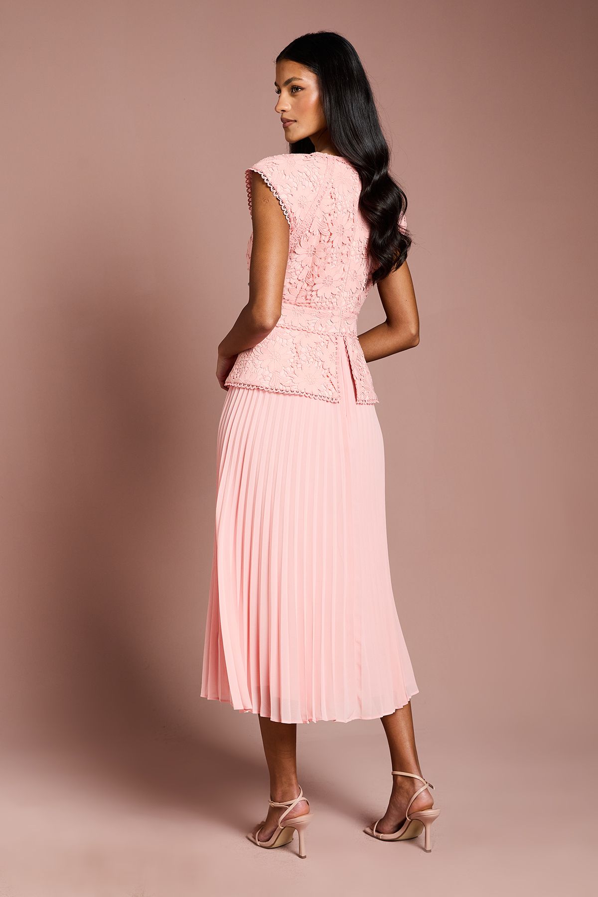 Coast Petite V Neck Lace Bodice Peplum Midi Dress Blush image 3