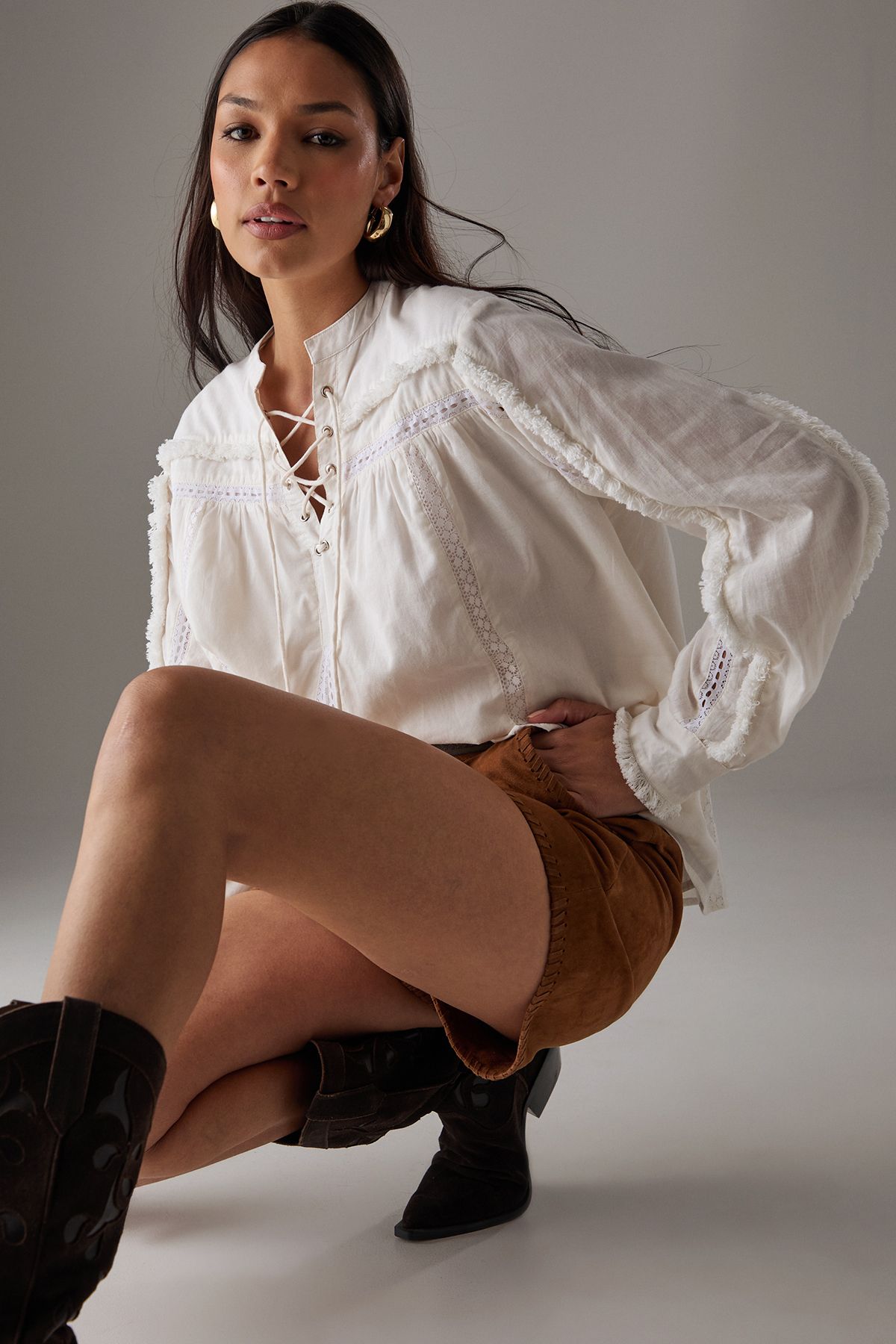 Warehouse HCD Cotton Lace Trim Insert Boho Blouse Cream image 4