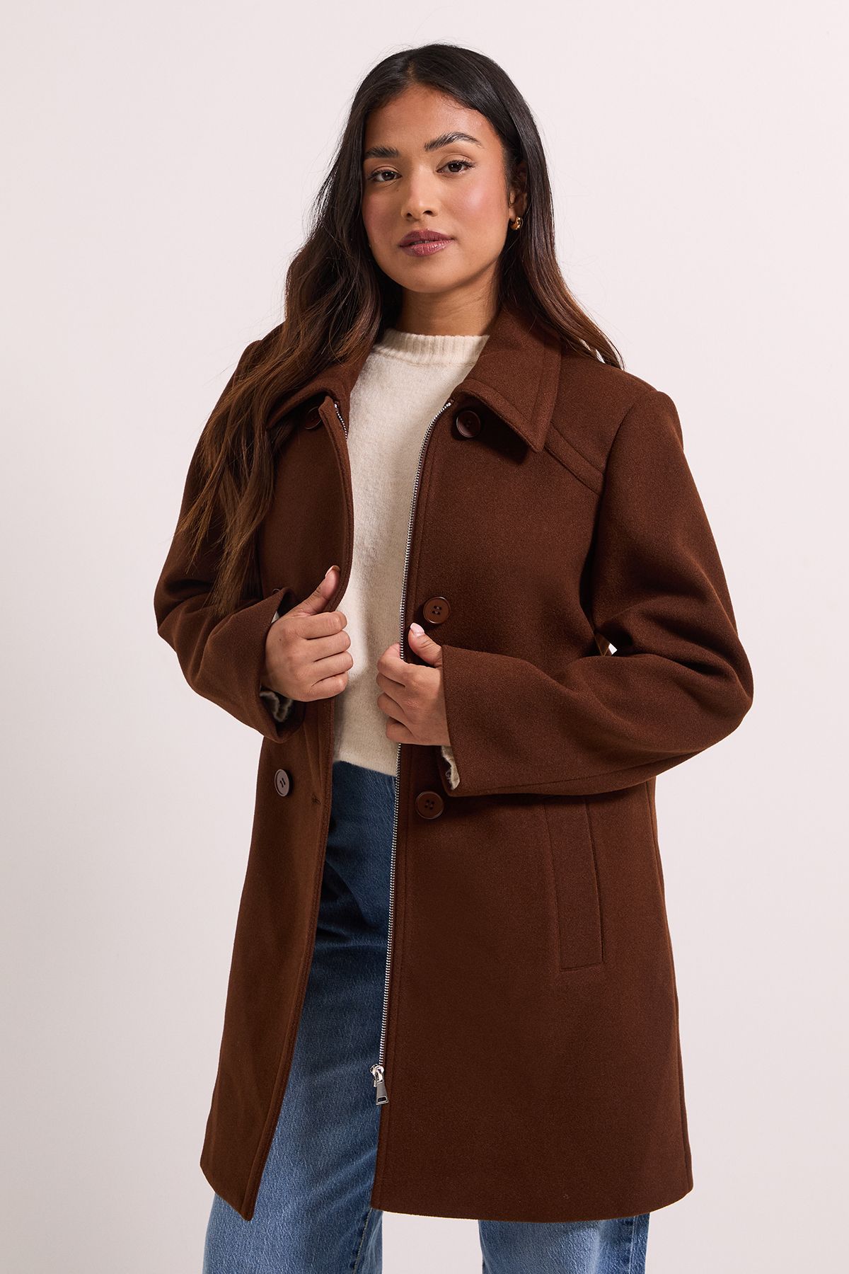 Dorothy Perkins Petite Short Faux Wool Dolly Coat Chocolate image 2