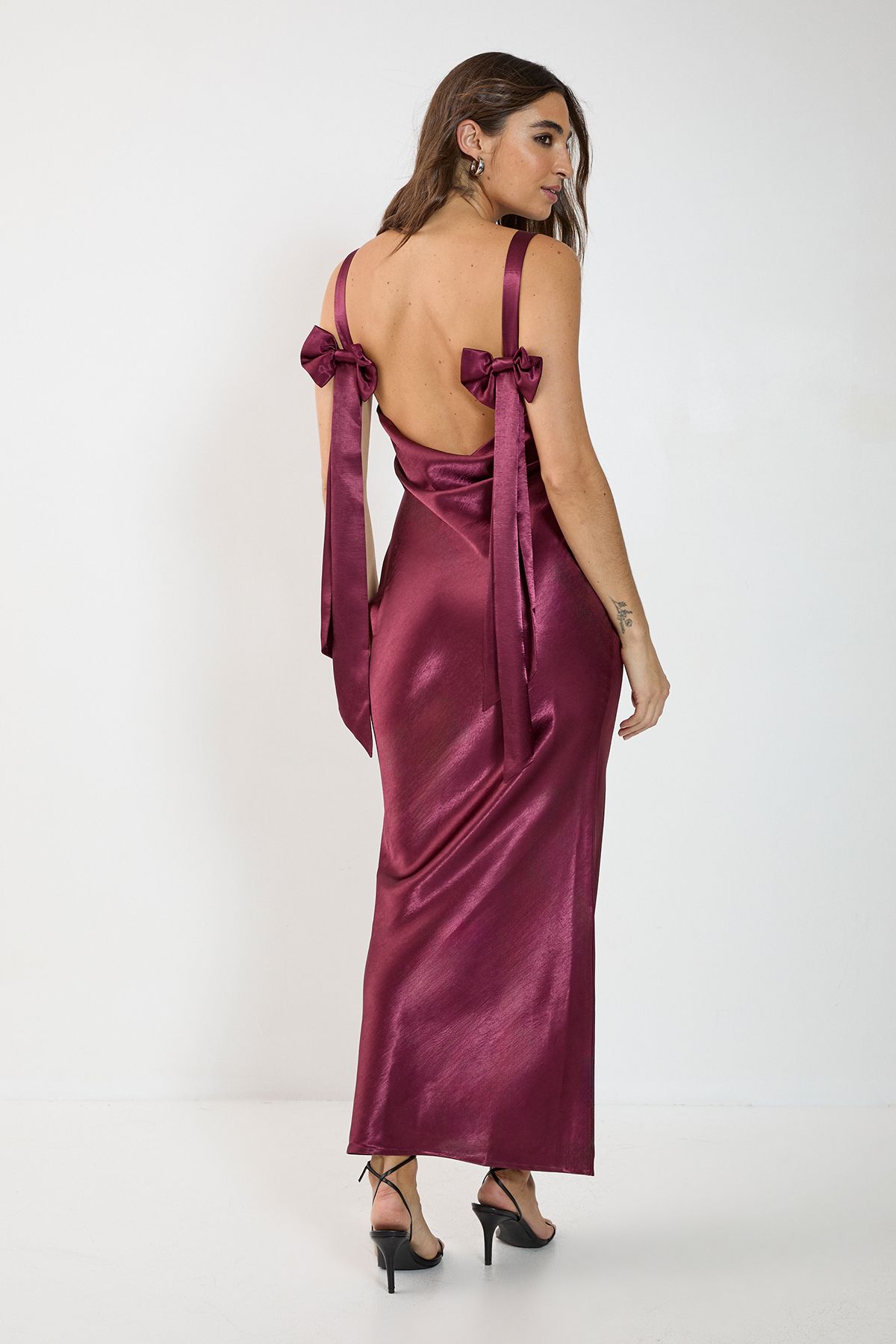 NastyGal Satin Cowl Back Bow Strap Bias Cut Maxi Dress Wine image 4