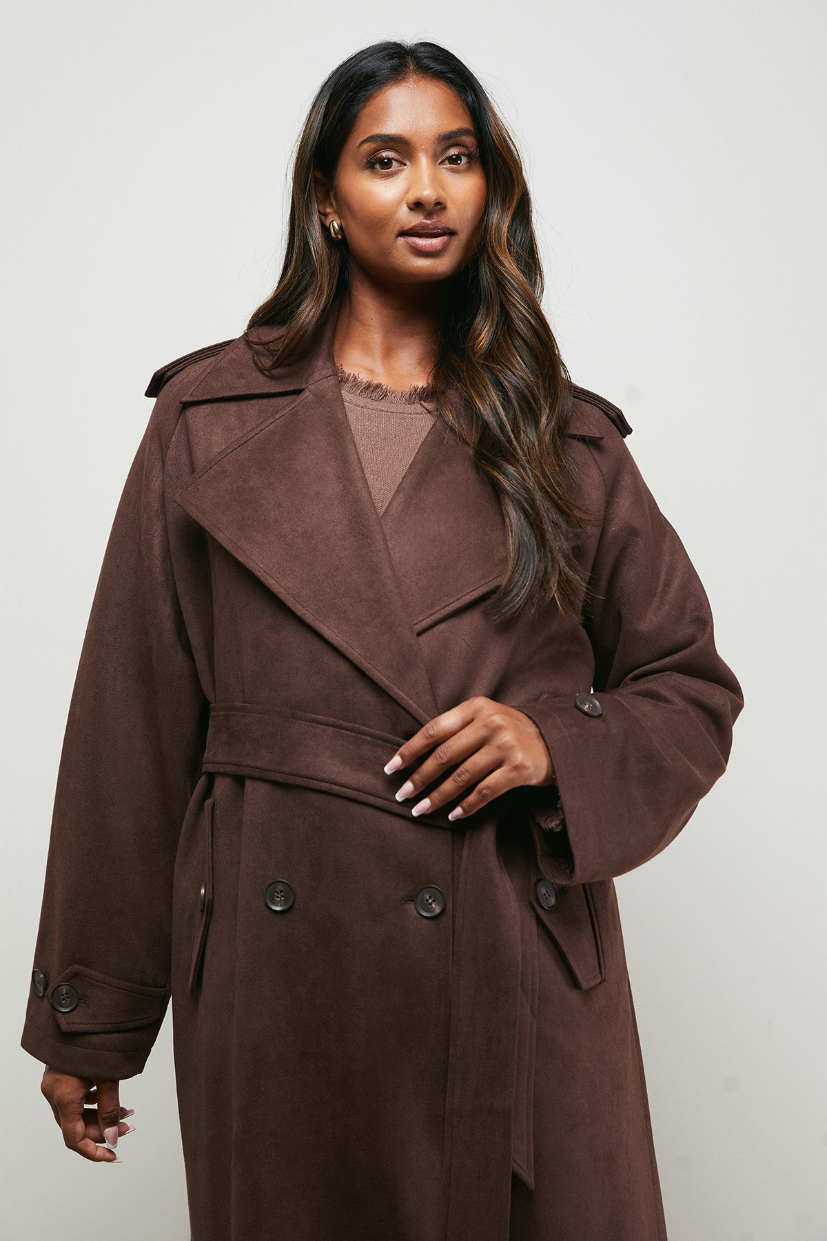 Oasis Cuff Detail Belted Coat Chocolate image 5