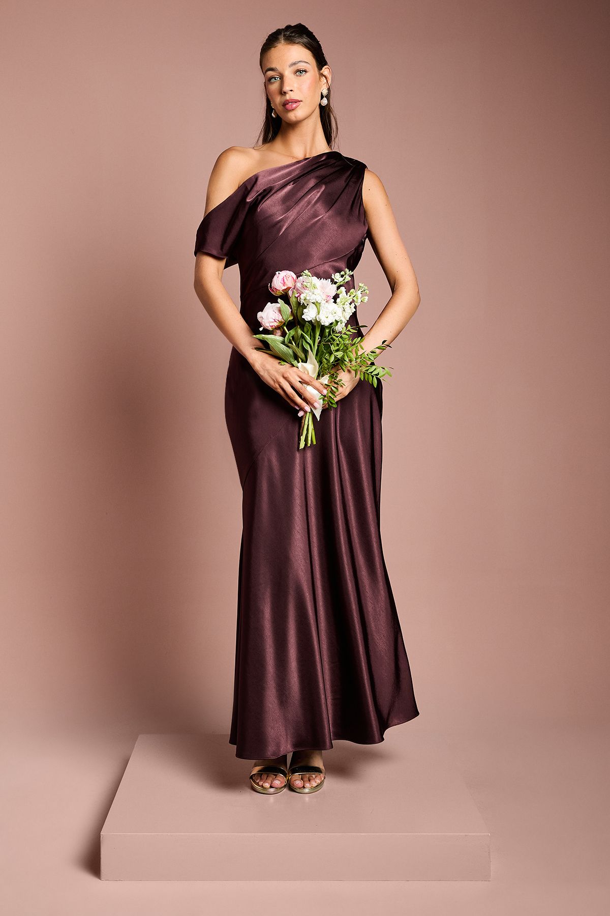 Coast Satin Off One Shoulder Slinky Bridesmaid Fishtail Maxi Dress Espresso image 1