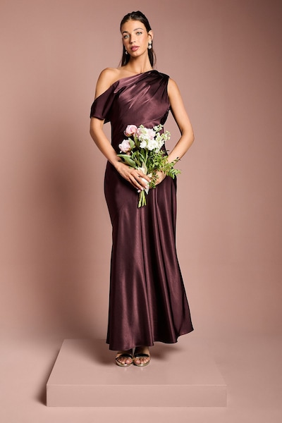 Coast Satin Off One Shoulder Slinky Bridesmaid Fishtail Maxi Dress Espresso