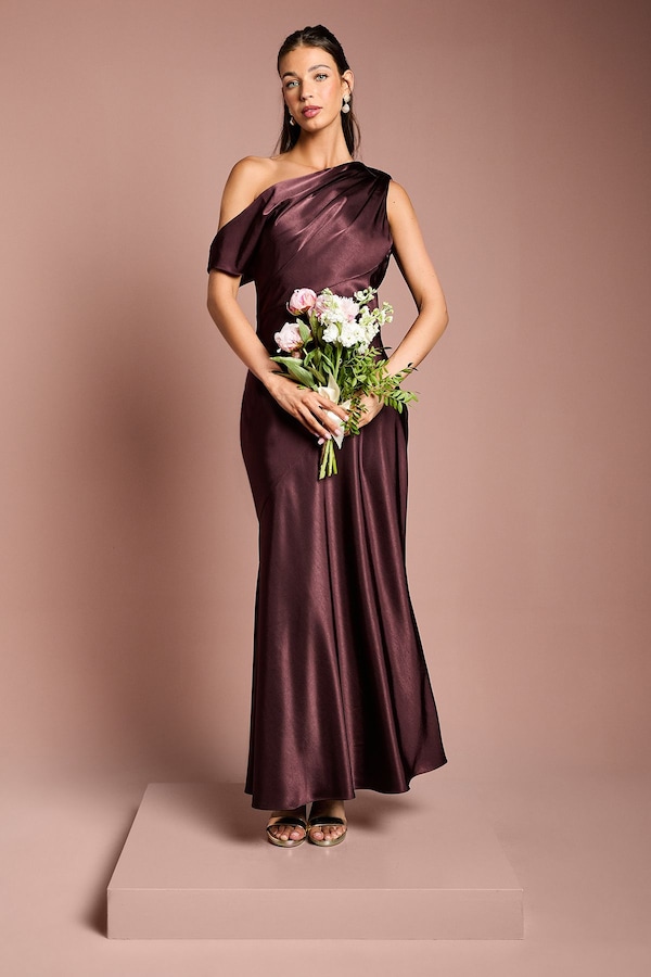 Coast Satin Off One Shoulder Slinky Bridesmaid Fishtail Maxi Dress Espresso