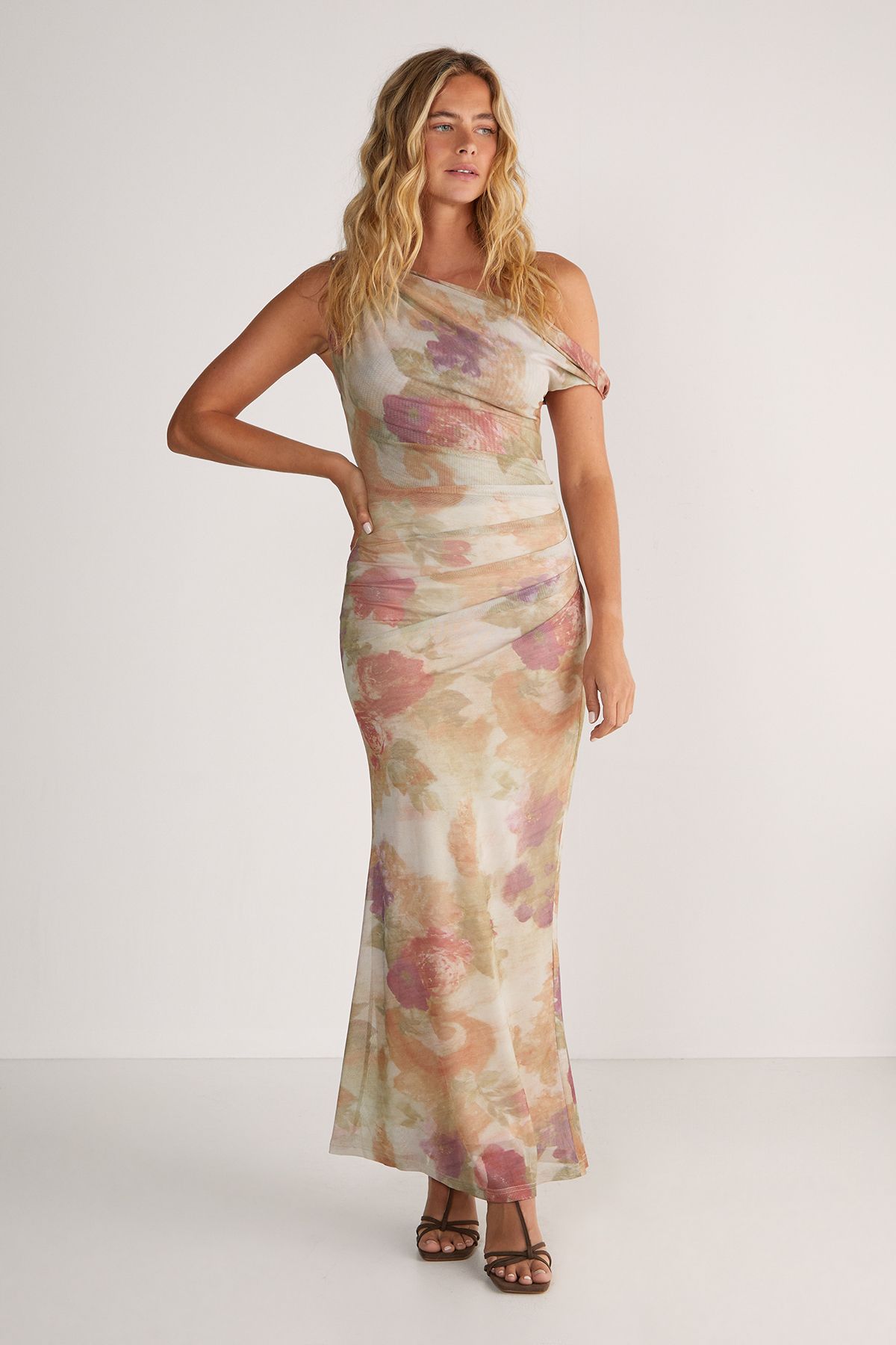 NastyGal Floral Mesh One Shoulder Maxi Dress Multi image 2