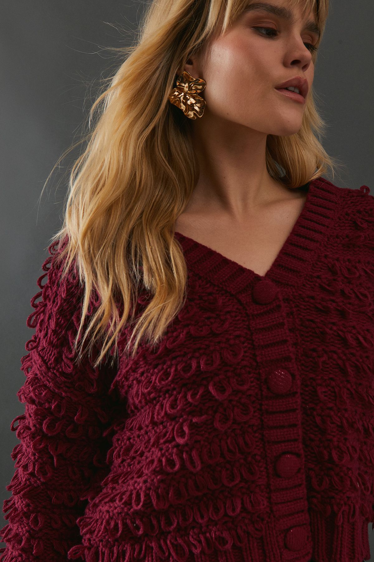 Warehouse Shaggy Button Down Cardigan Wine image 2