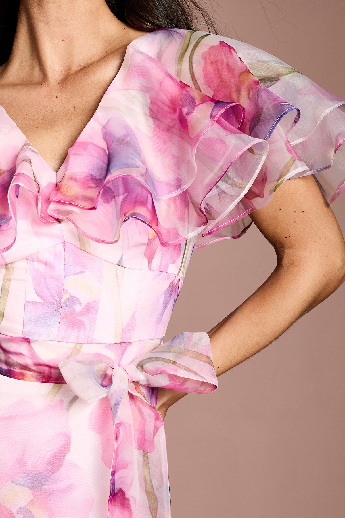 Coast Printed Organza Ruffle Sleeve Midi Dress Pink image 5