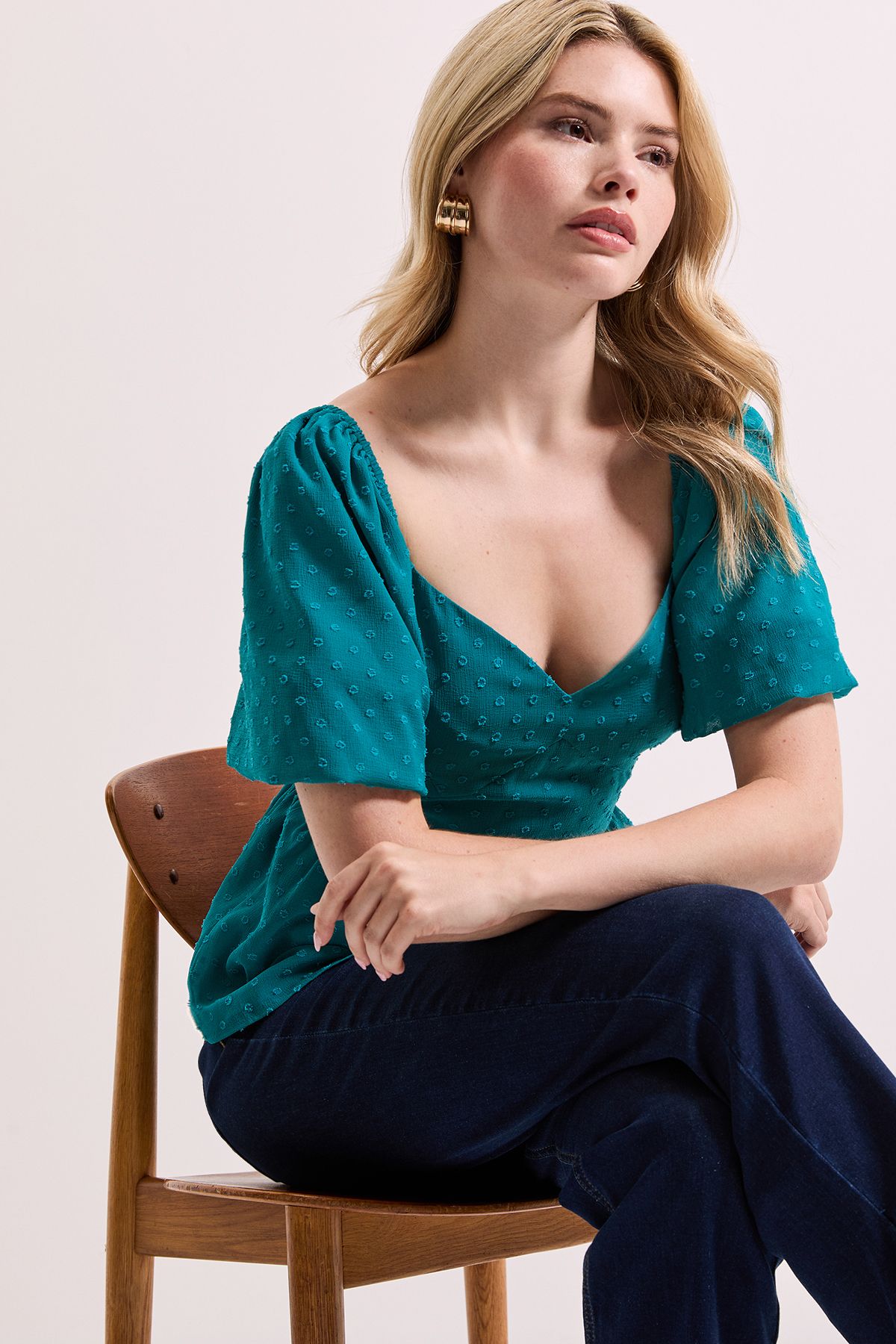 Dorothy Perkins Sweetheart Tie Back Puff Sleeve Top Teal image 2