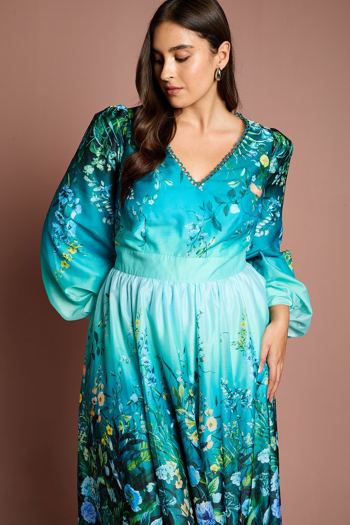 Coast Plus V Neck Long Sleeve Placement Print Organza Midi Dress Teal image 4