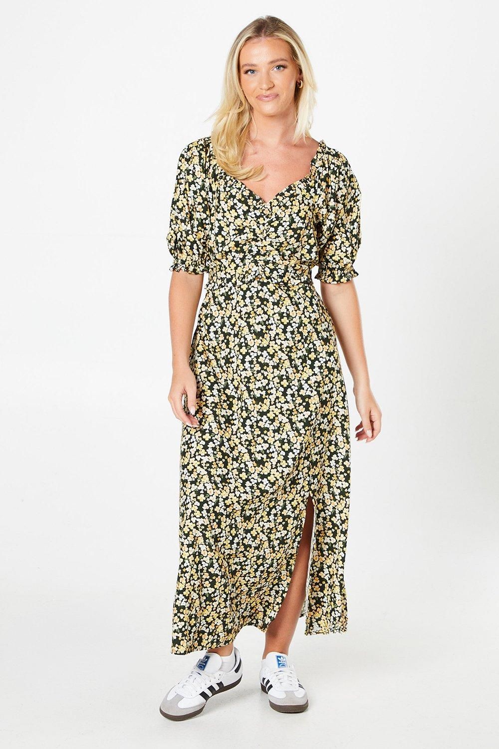 Dorothy Perkins Ditsy Puff Sleeve Ruched Font Midi Dress Black image 1