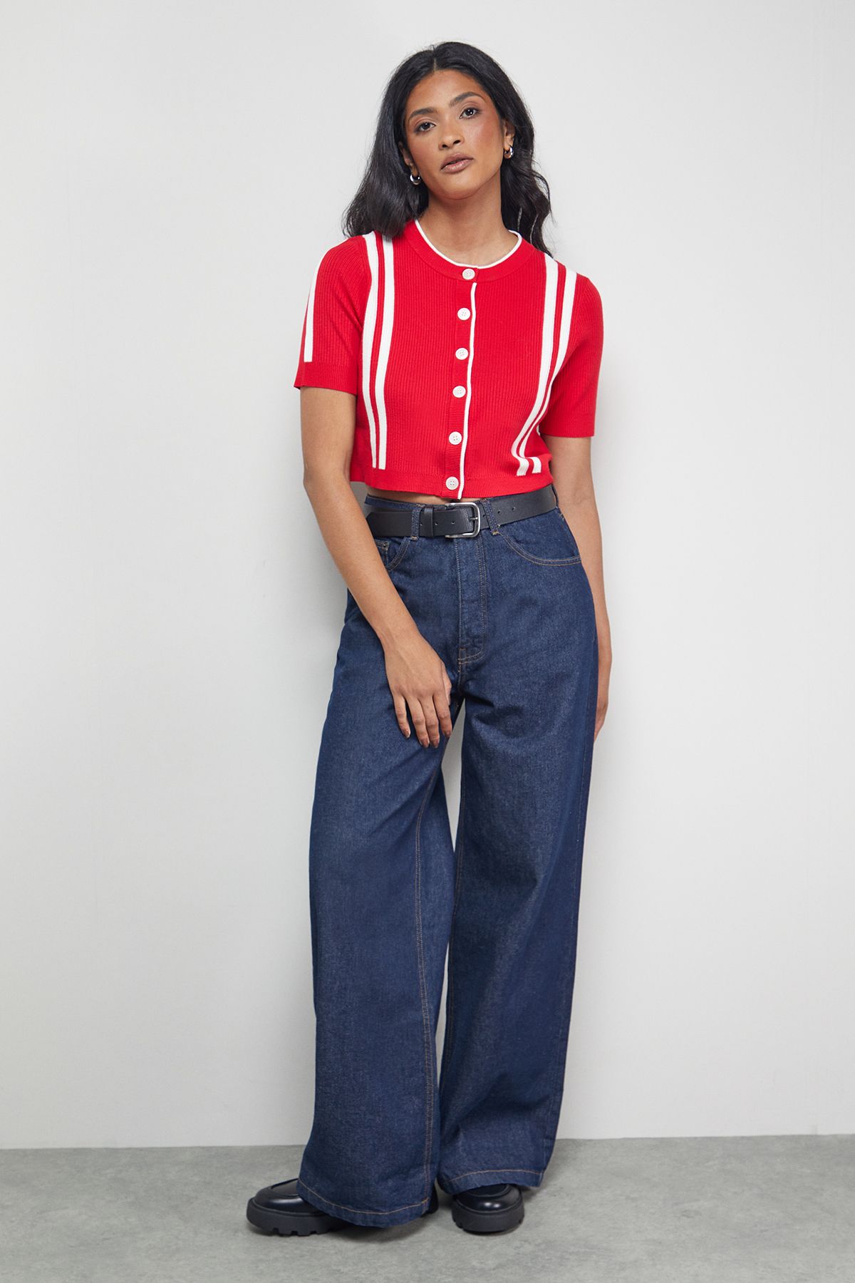 Warehouse Mini Stripe Button Through Cardigan Red image 2
