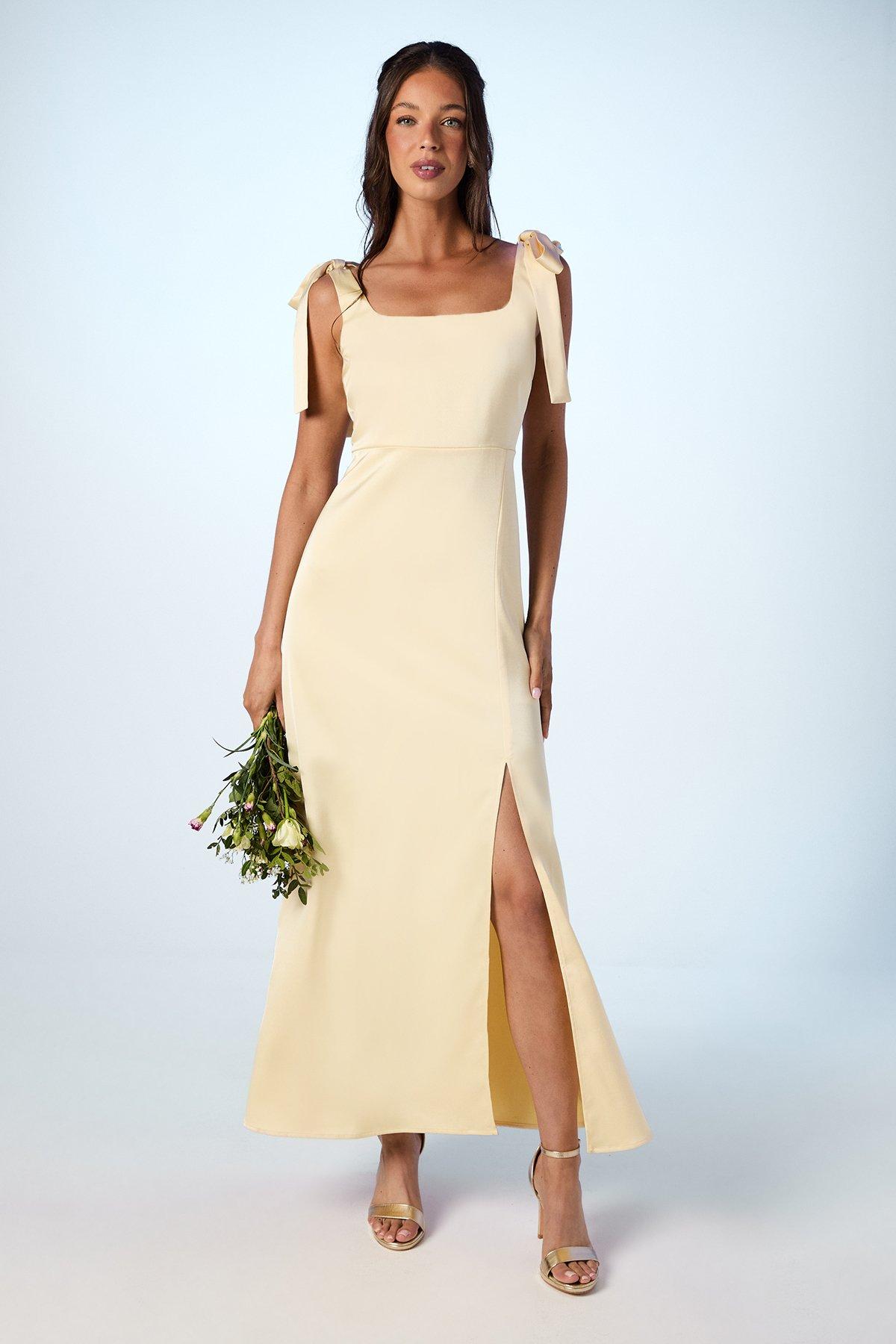 Oasis Satin Tie Shoulder Midi Bridesmaids Dress Butter image 1