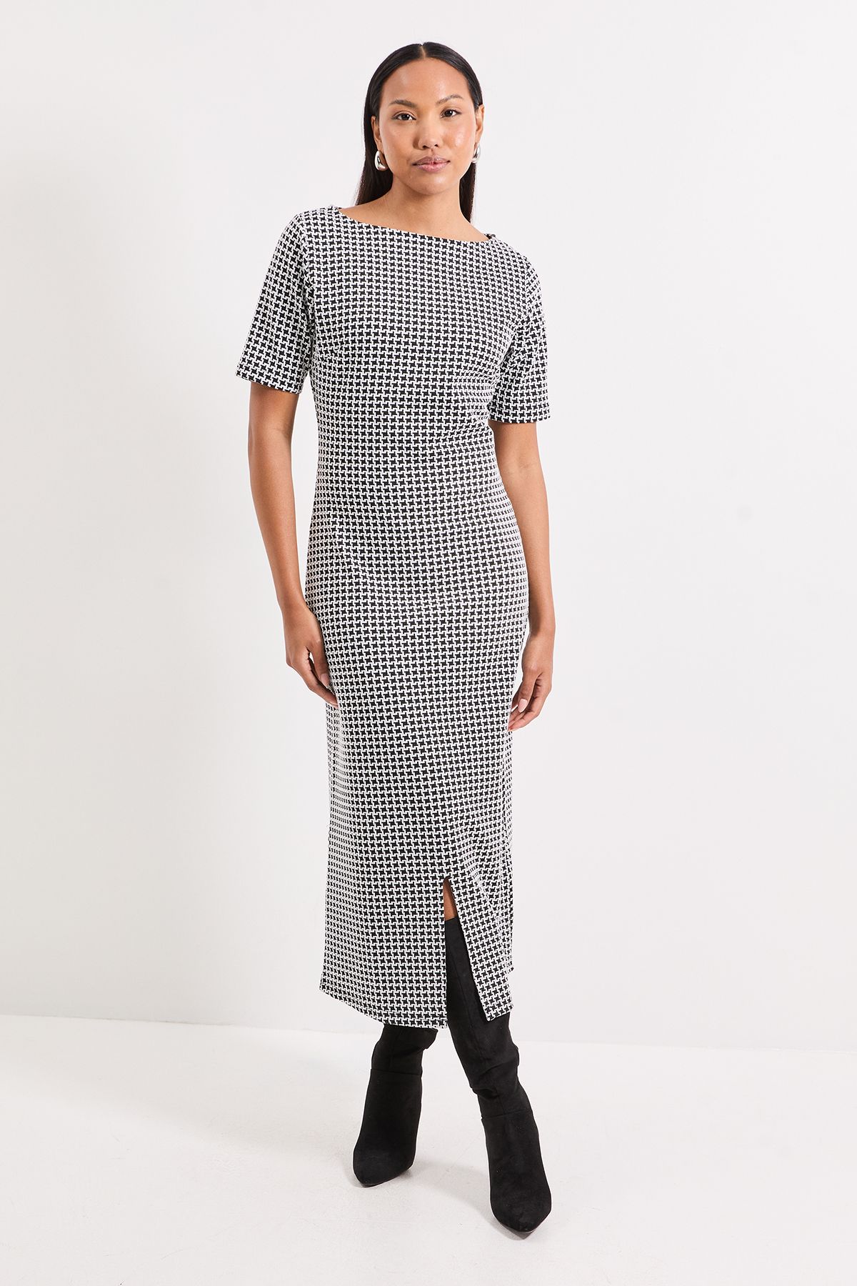 Principles Houndstooth Ponte Midi Dress Mono