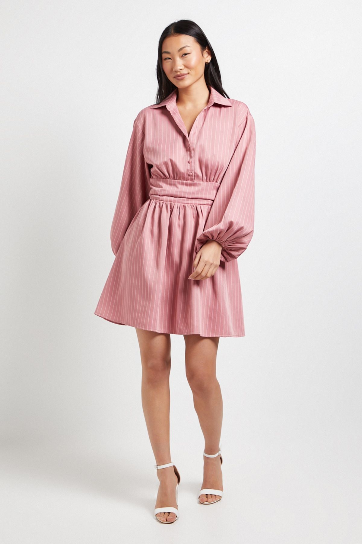 Dorothy Perkins Petite Pinstripe Collar Detail Gathered Waist Mini Dress Pink
