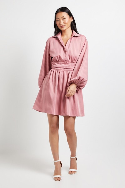 Dorothy Perkins Petite Pinstripe Collar Detail Gathered Waist Mini Dress Pink