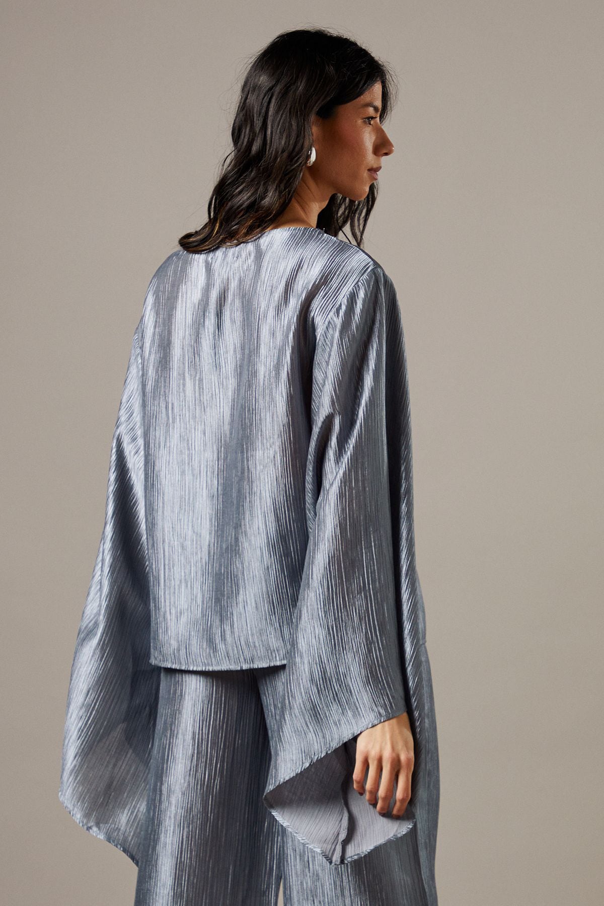 Warehouse Crinkle Satin Waterfall Sleeve Top Slate Grey image 3