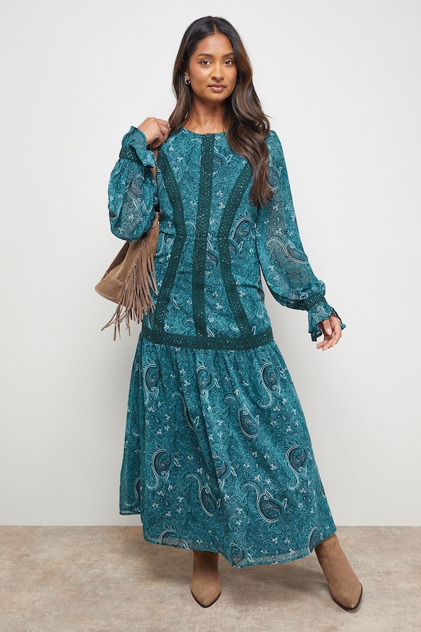 Oasis Lace Detail Balloon Sleeve Drop Hem Midi Dress Multi