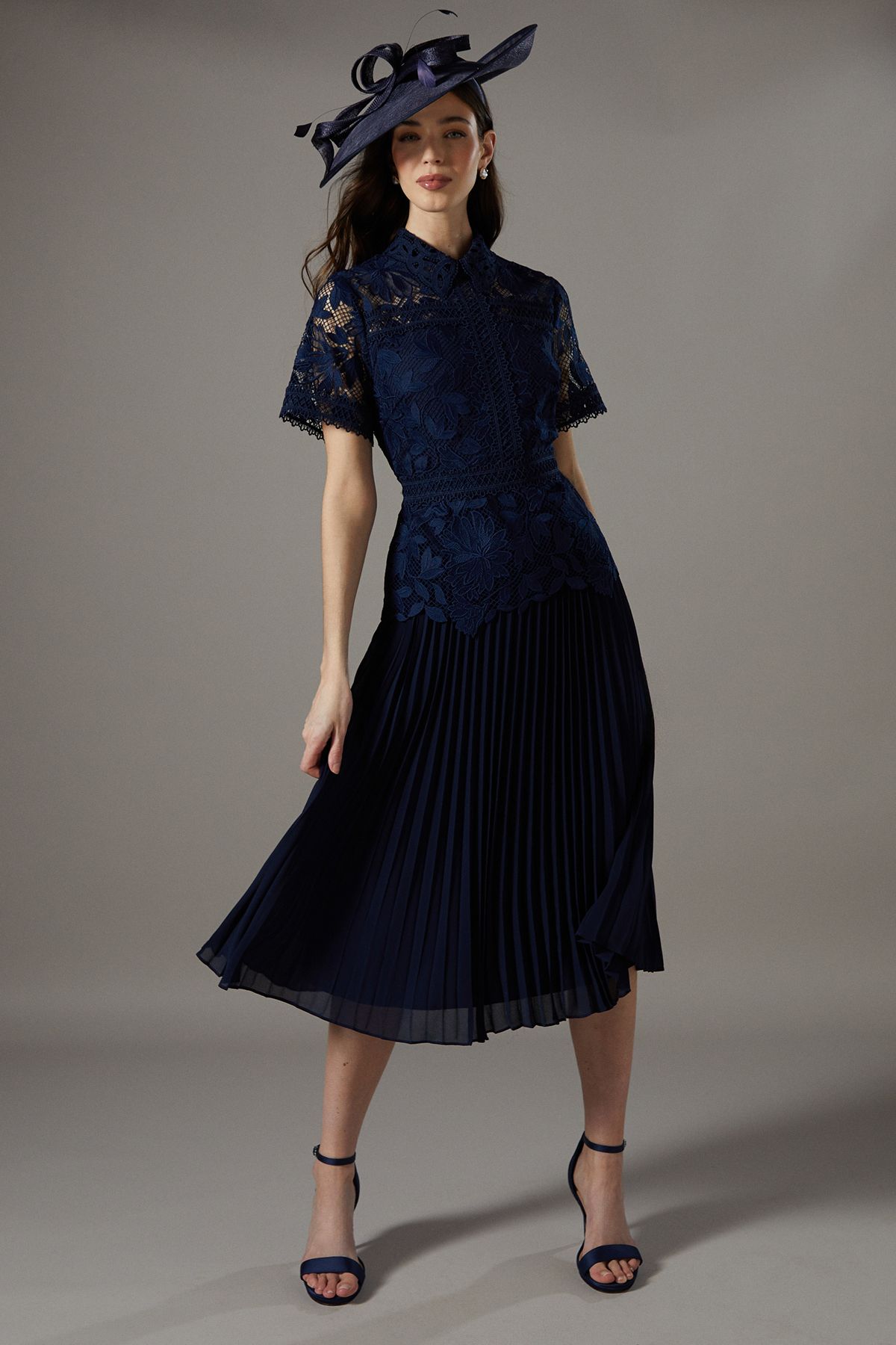 Coast Lace Top Pleated Dress Navy